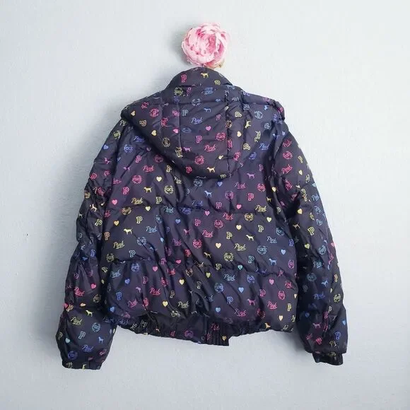 PINK Victoria's Secret Rainbow Logo Hooded Puffer Jacket - Picture 6 of 7